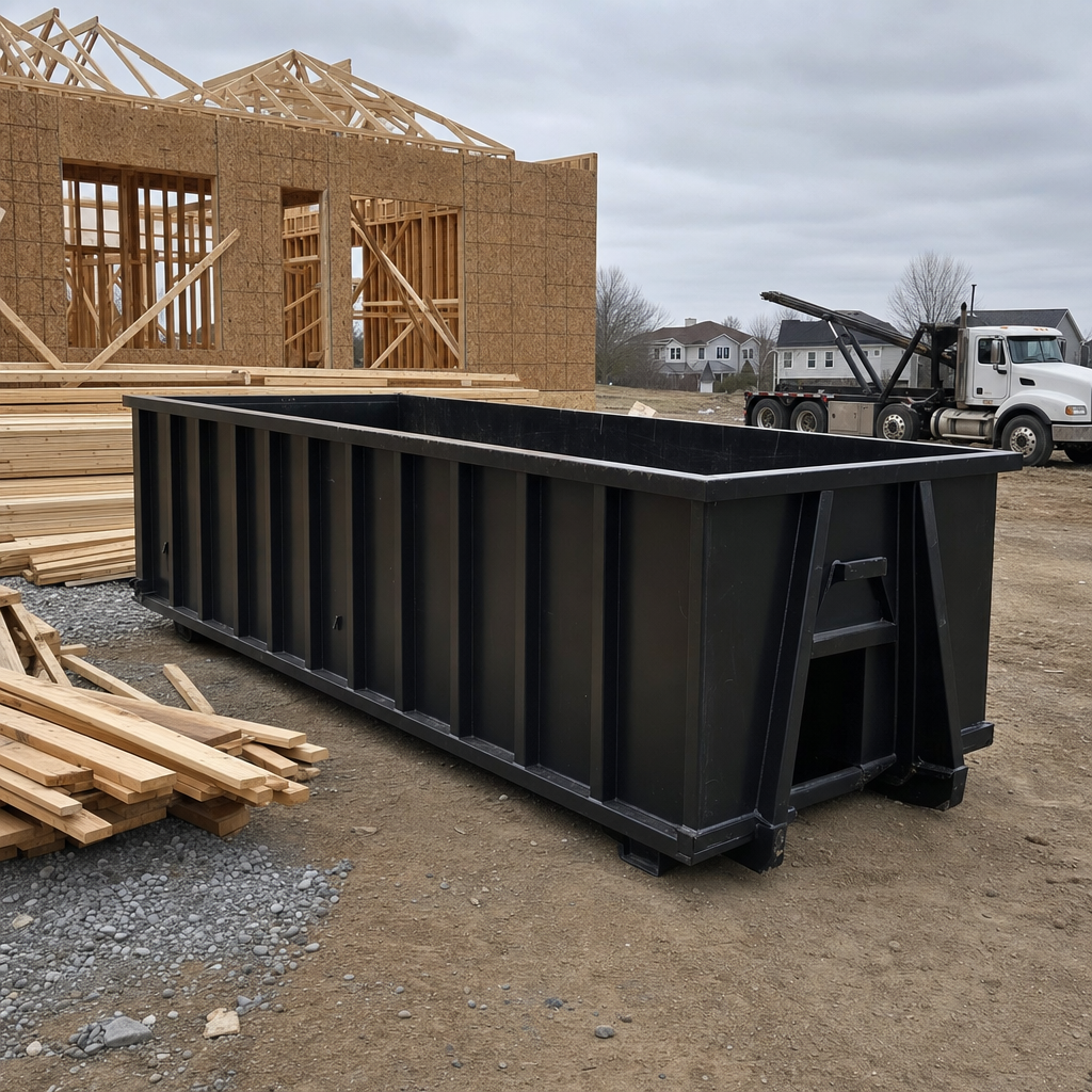 Matte-black 40-yard roll-off dumpster staged on a framed-out residential construction site in Eagle, framing lumber stacked nearby, hooklift delivery truck visible in the background under bright Colorado daylight