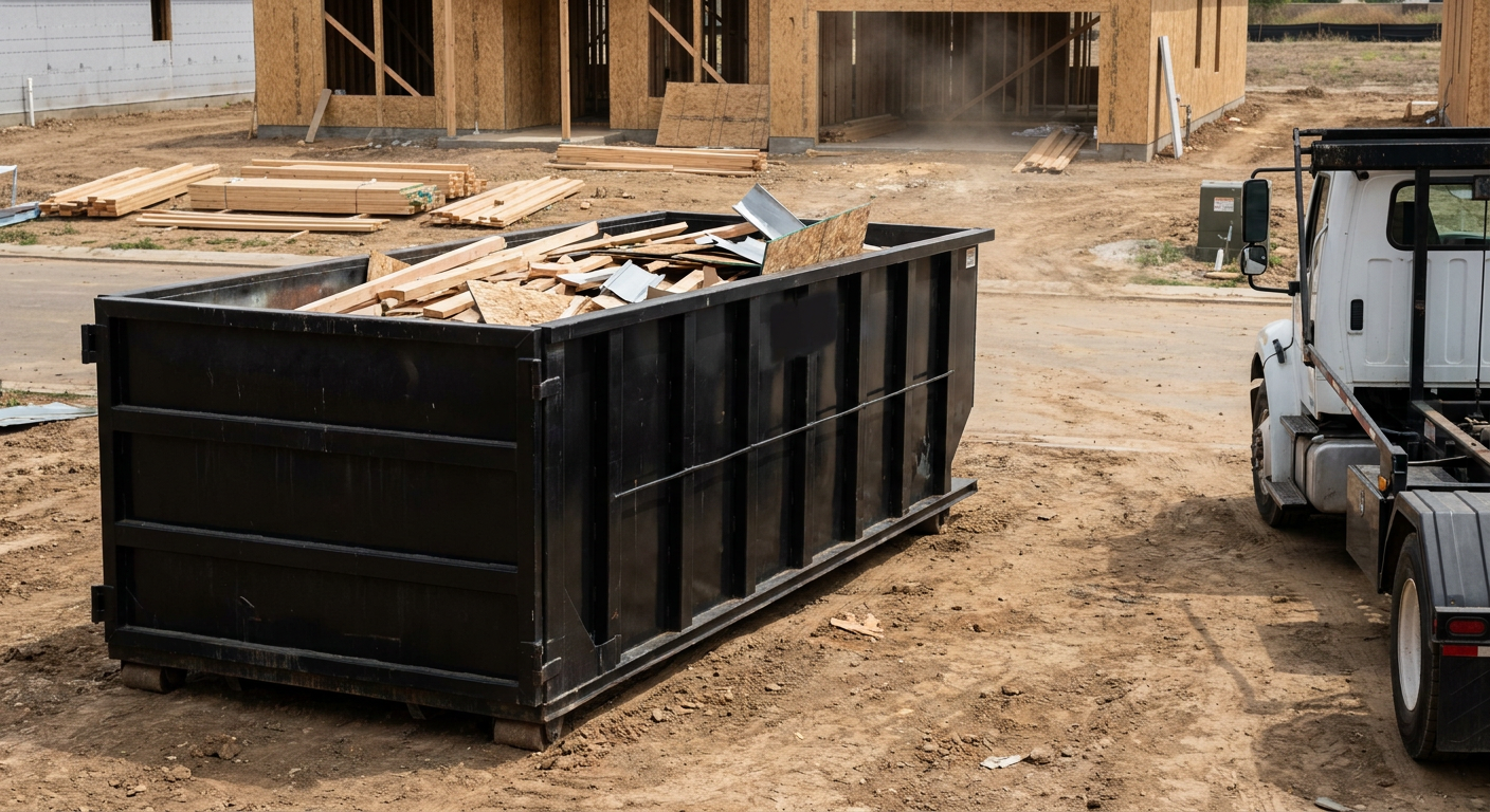 Matte-black 20-yard roll-off construction dumpster with heavy ribbed steel sidewalls and swing rear doors at a working jobsite in Eagle, sitting directly on compacted dirt with an unmarked white hauler partially visible at the far edge of the frame.
