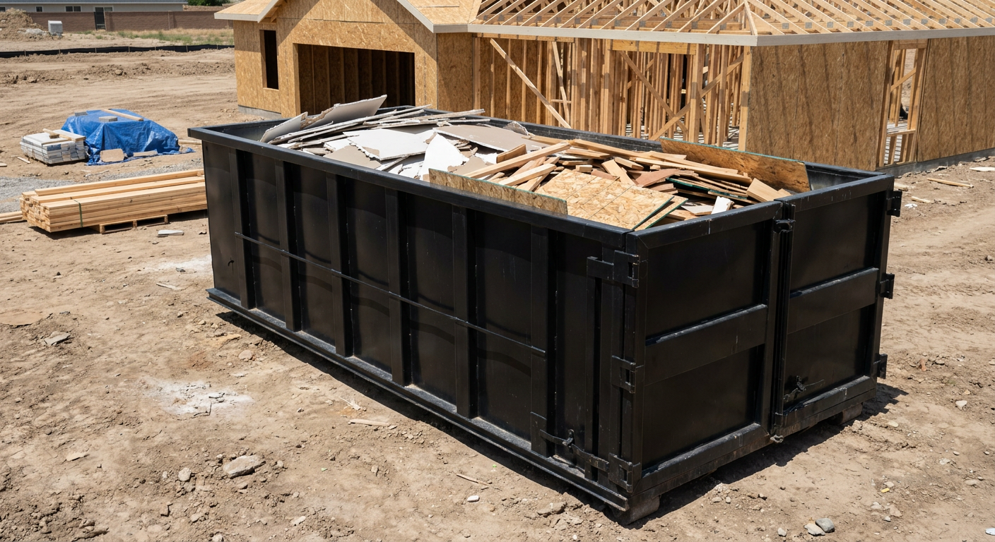 Matte-black 30-yard roll-off construction dumpster sitting directly on the compacted-dirt site of a framed single-family home build in Eagle, drywall and lumber scrap loaded inside.