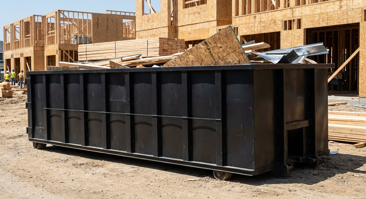 Matte-black 40-yard roll-off construction dumpster being lowered from a white-cab hooklift delivery truck onto the compacted-dirt jobsite at a commercial build site in Eagle