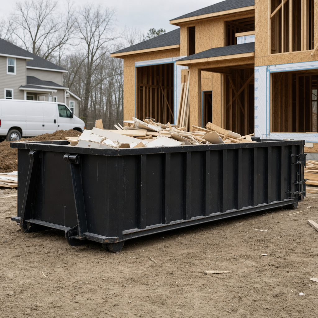 Worker in a yellow high-visibility vest tossing framing lumber and broken drywall into a matte-black 30-yard construction roll-off dumpster on an active build site in Eagle, bright daylight