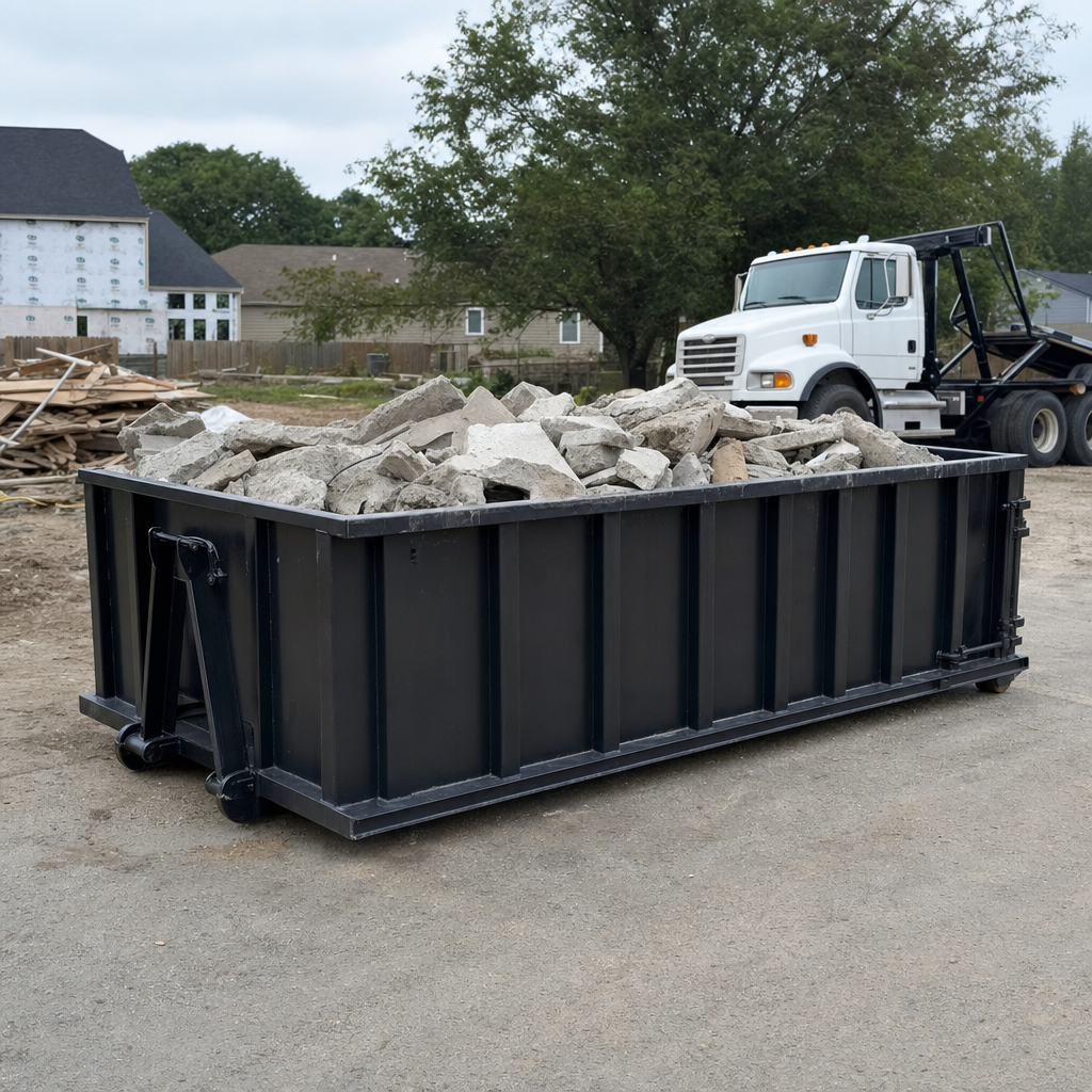 Low-profile matte-black lowboy roll-off dumpster loaded with broken concrete slab and rebar at a foundation tear-out in Eagle, skid steer parked beside it, sunny Colorado morning