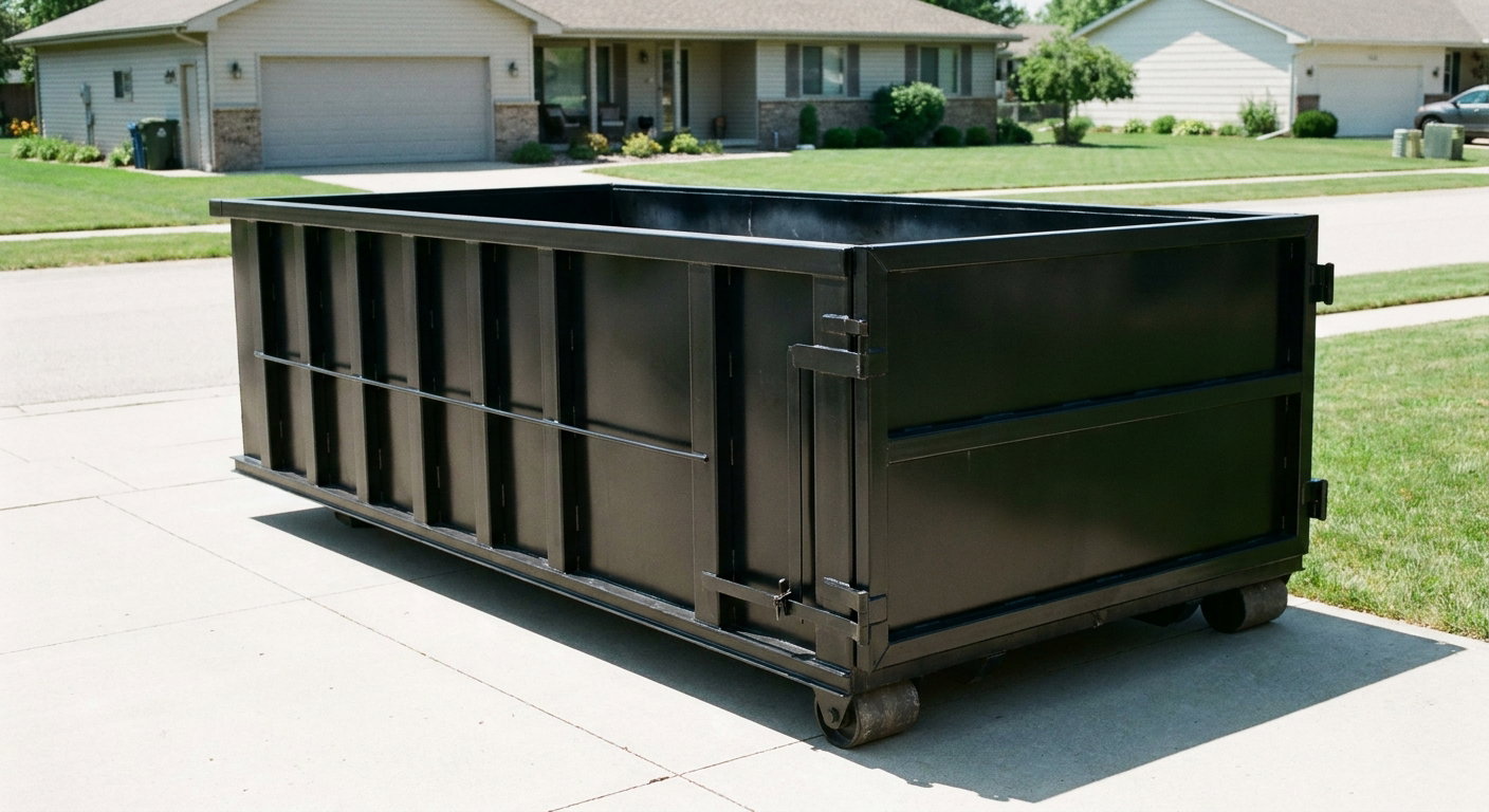 Matte-black 10-yard roll-off dumpster on a residential concrete driveway in Eagle, uniformly painted matte black across every panel and rail, ribbed steel sidewalls and rear swing door visible, mid-day daylight.