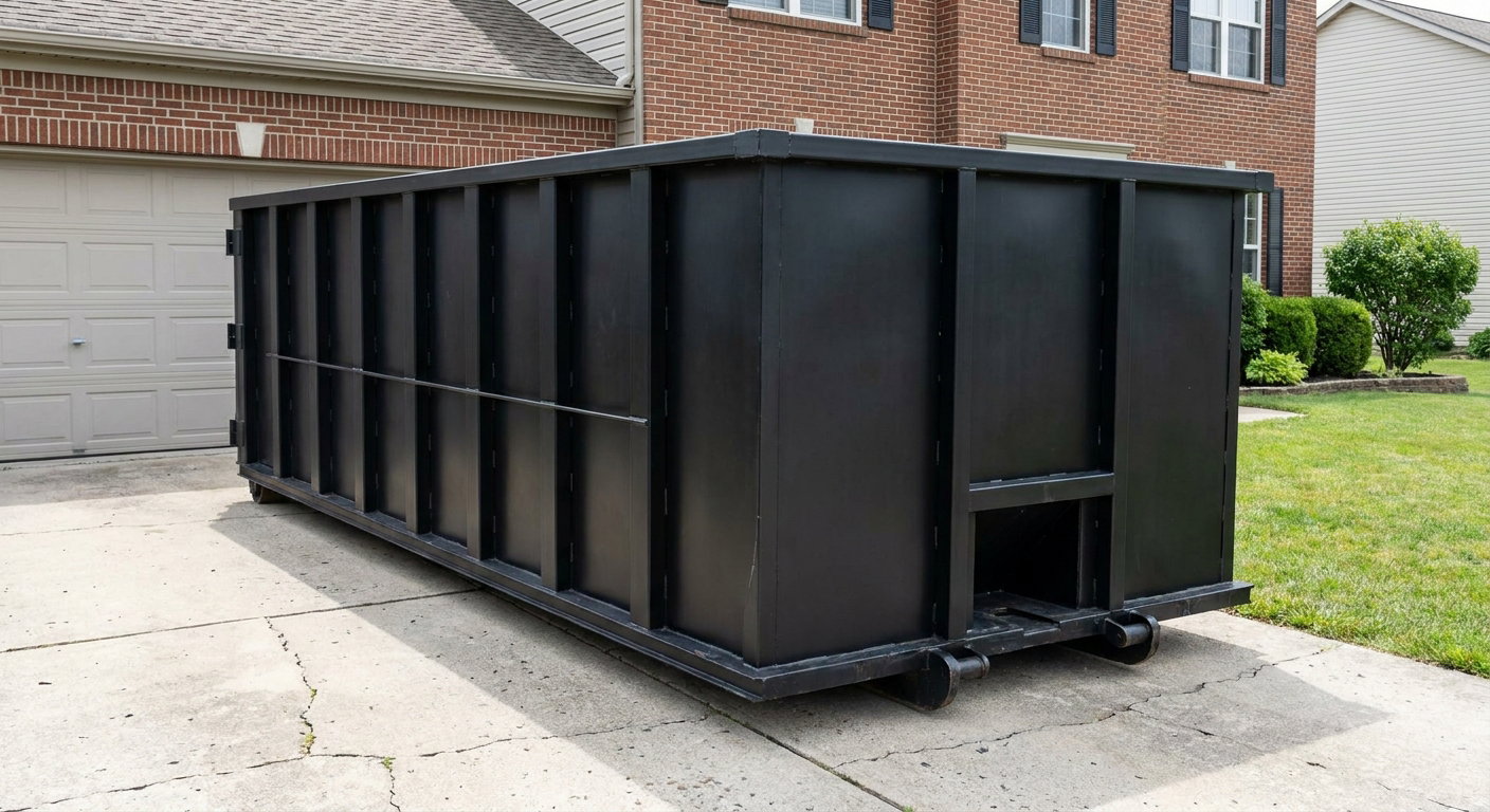 Matte-black 20-yard roll-off container on a Eagle residential concrete driveway with reinforced ribbed steel sidewalls and a hinged rear walk-in door, clean bright daylight.
