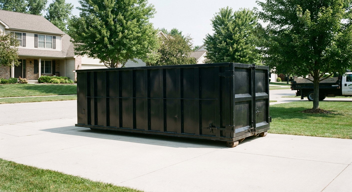 Matte-black 20-yard roll-off dumpster sitting level on a clean Eagle residential concrete driveway under bright daylight, demonstrating clean placement directly on the concrete.