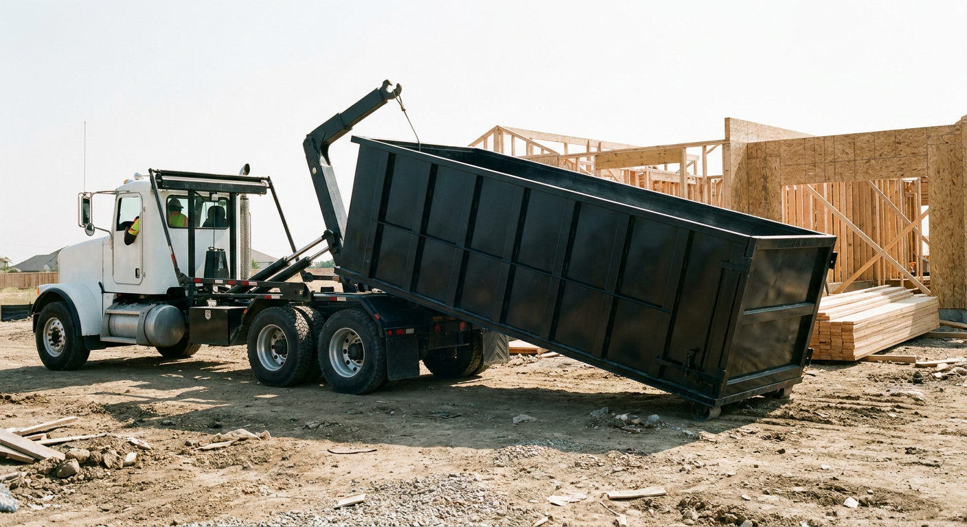 Matte-black roll-off dumpster being delivered onto a clean residential concrete driveway in Eagle by an unmarked white hooklift hauler truck, bright morning daylight, documentary 35mm perspective.