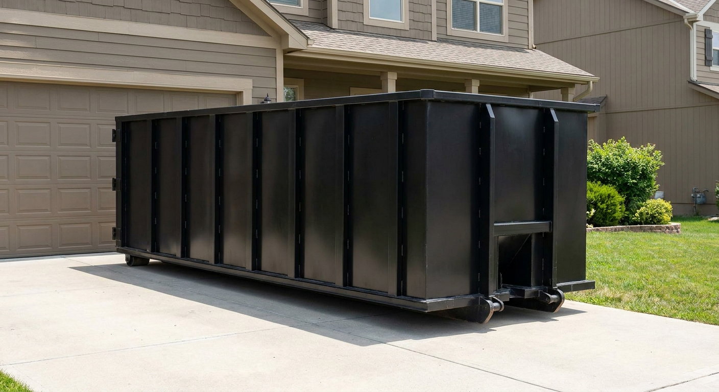 Matte-black residential roll-off dumpster sitting directly on a suburban Eagle concrete driveway, garage door closed, single-family home in background, bright morning daylight.