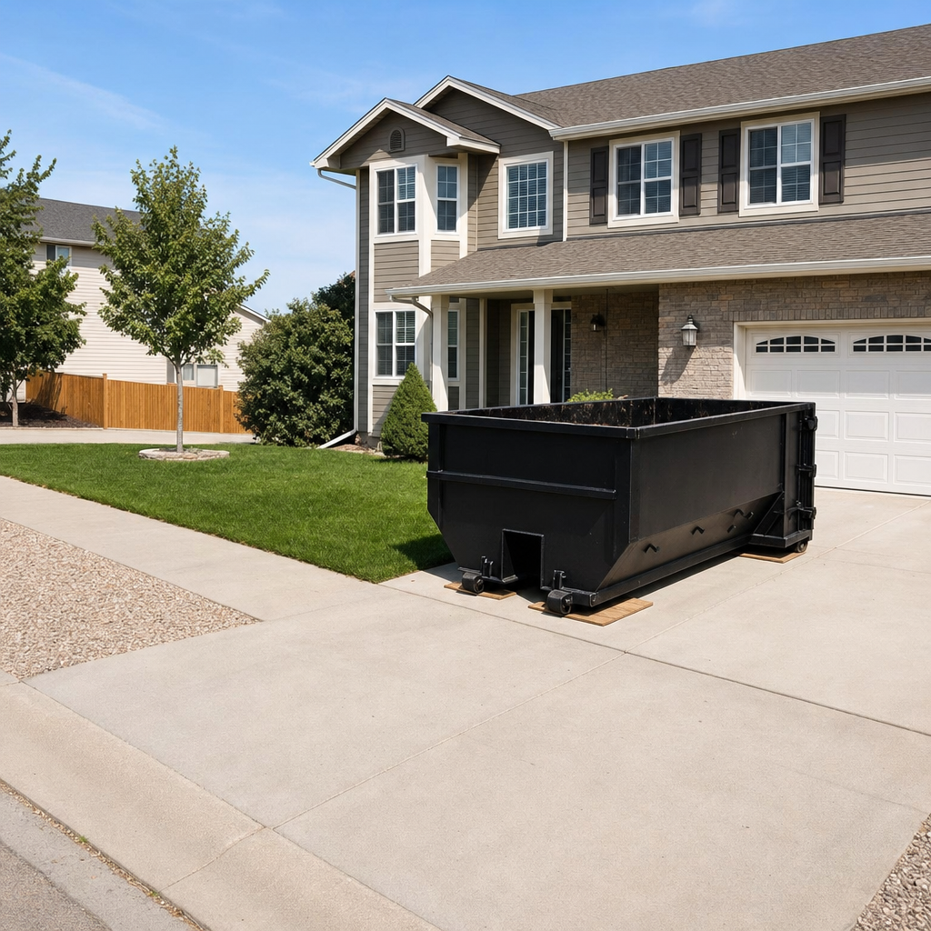 10-yard matte-black residential dumpster placed directly on a narrow Eagle concrete driveway, room remains for a parked sedan beside it, mid-morning natural light