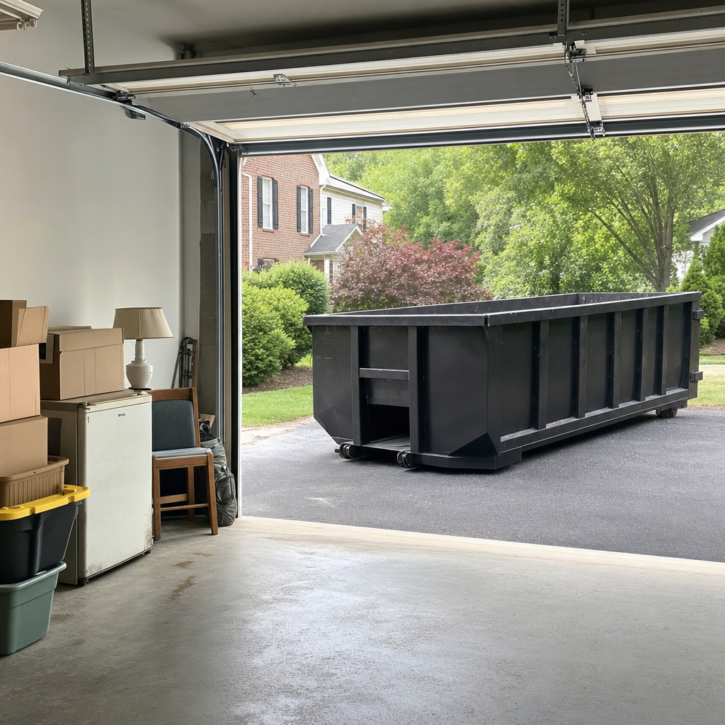 Open garage interior in a Eagle home mid-cleanout — boxed items, an old appliance, and stacked yard tools queued near the driveway for a matte-black roll-off dumpster, organized and calm