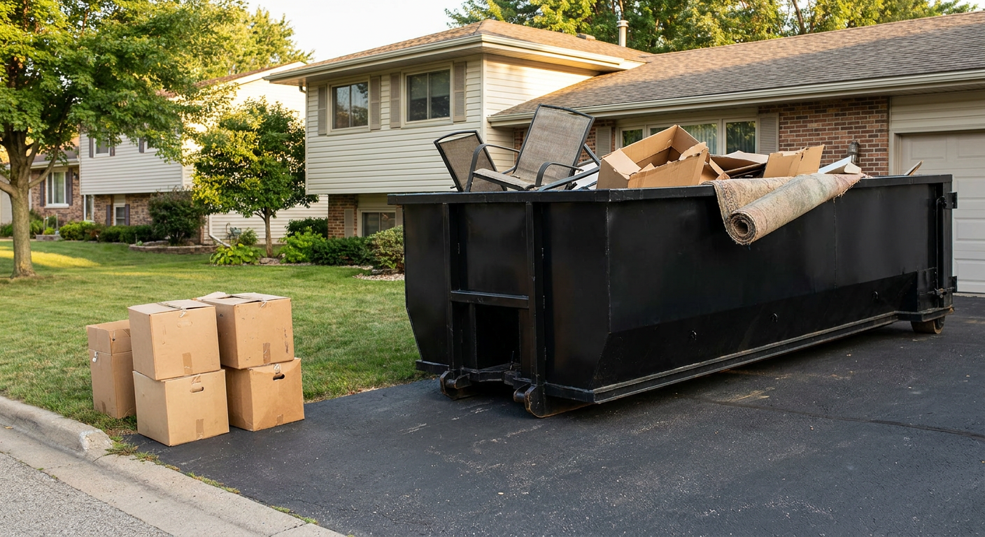 Front-yard view of a Eagle split-level home with a 20-yard matte-black roll-off dumpster sitting directly on the asphalt driveway, a few clearly labeled donation boxes staged at the curb, calm sunny afternoon.