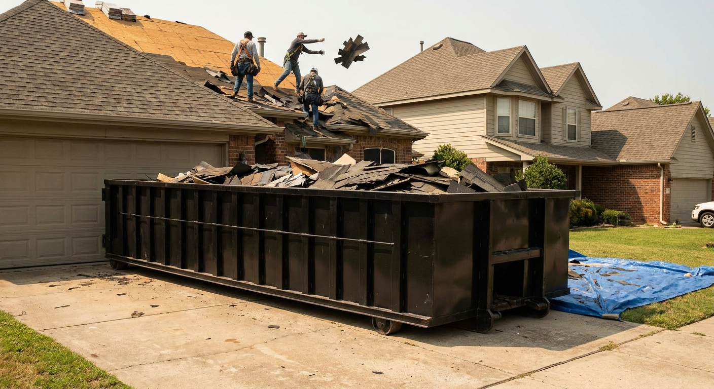 Matte-black roofing roll-off dumpster placed directly on a Eagle residential concrete driveway, a tear-off crew on a two-story asphalt-shingle roof tossing shingle bundles into the low-walled container, bright daylight, documentary 35mm perspective.