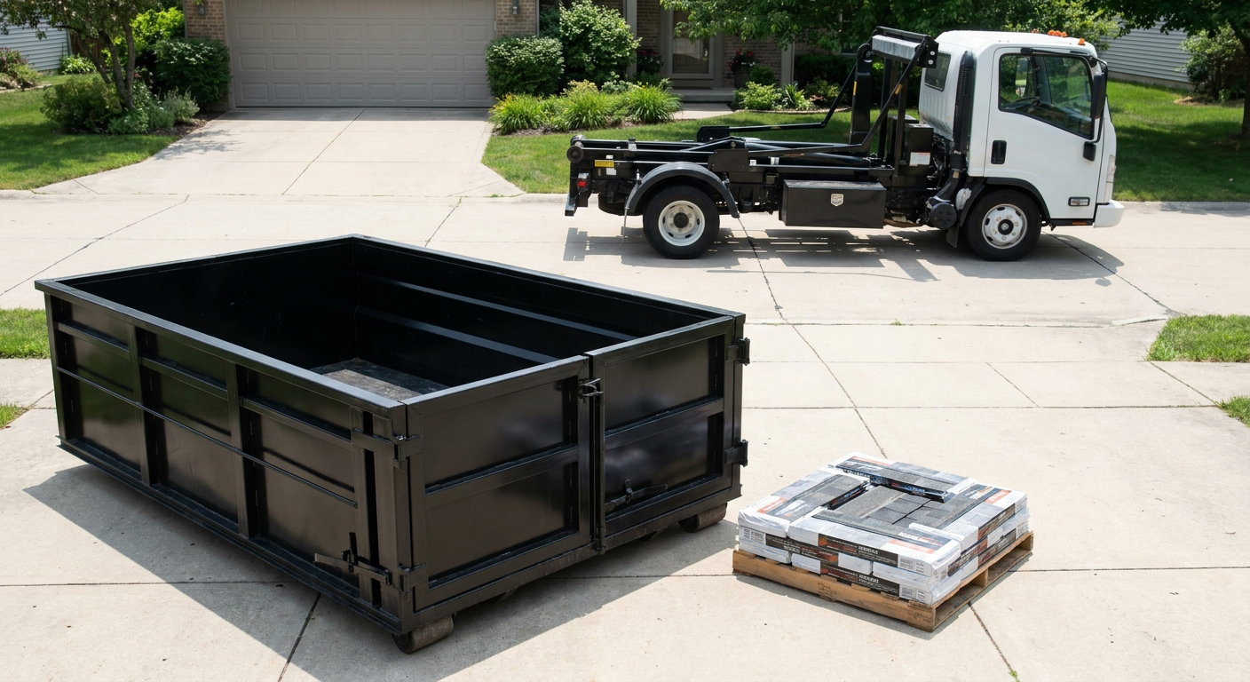 Matte-black 15-yard roofing roll-off dumpster with reinforced low side walls sitting directly on a Eagle residential concrete driveway, three-tab asphalt shingle bundles stacked nearby, an unmarked white hauler truck partially visible at the edge of the frame.