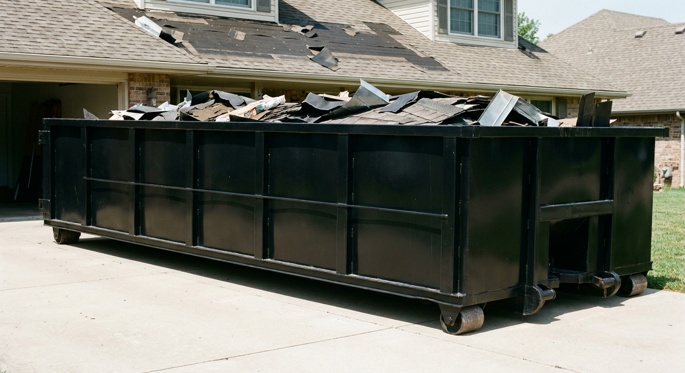 Matte-black 20-yard roofing roll-off dumpster with steel ribbed sides and swinging rear door, sitting directly on the concrete driveway of a two-story Eagle home, asphalt shingle debris being loaded over the low wall, clean documentary lighting.