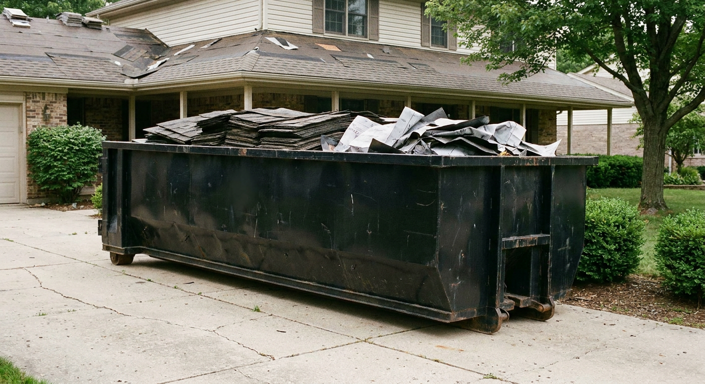 Matte-black 30-yard roofing roll-off dumpster sitting directly on a Eagle concrete driveway, taller ribbed steel side panels, mixed tear-off debris of asphalt shingles and underlayment inside, professional documentary daylight.