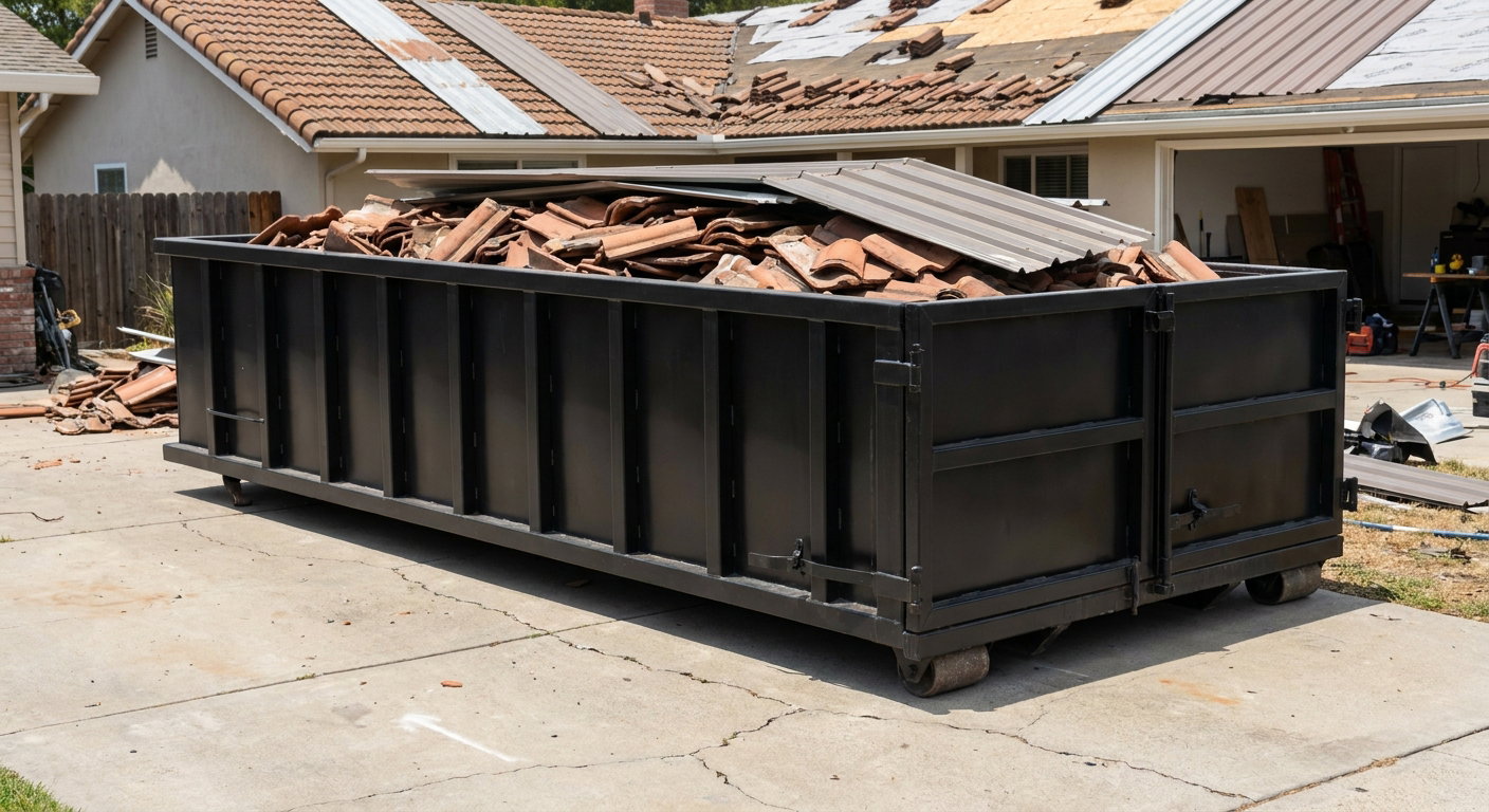 Matte-black low-wall heavy-debris roofing roll-off dumpster sitting directly on a Eagle concrete driveway, broken concrete clay roof tiles and metal panel sections loaded inside, reinforced ribbed steel side walls visible, bright outdoor daylight.