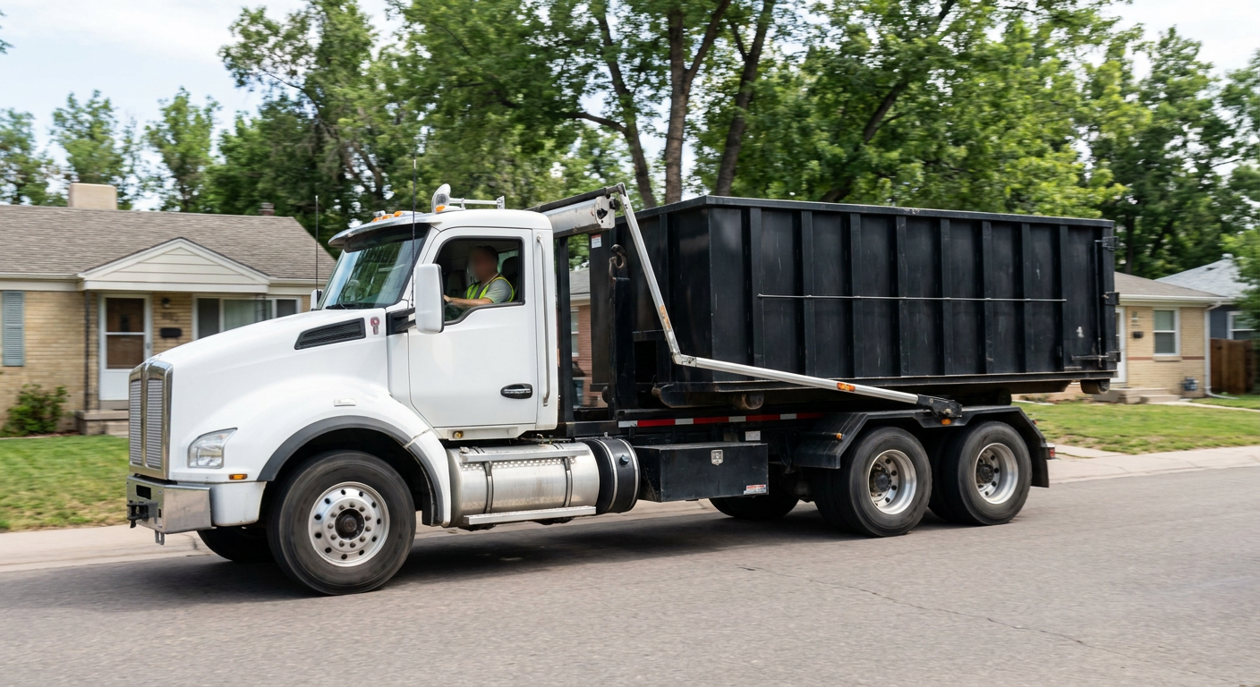 A wide documentary shot of a matte-black roll-off delivery truck pulling onto a quiet Eagle residential street at mid-morning, with neighborhood rooftops and tree-lined blocks visible behind, showing the metro coverage footprint.