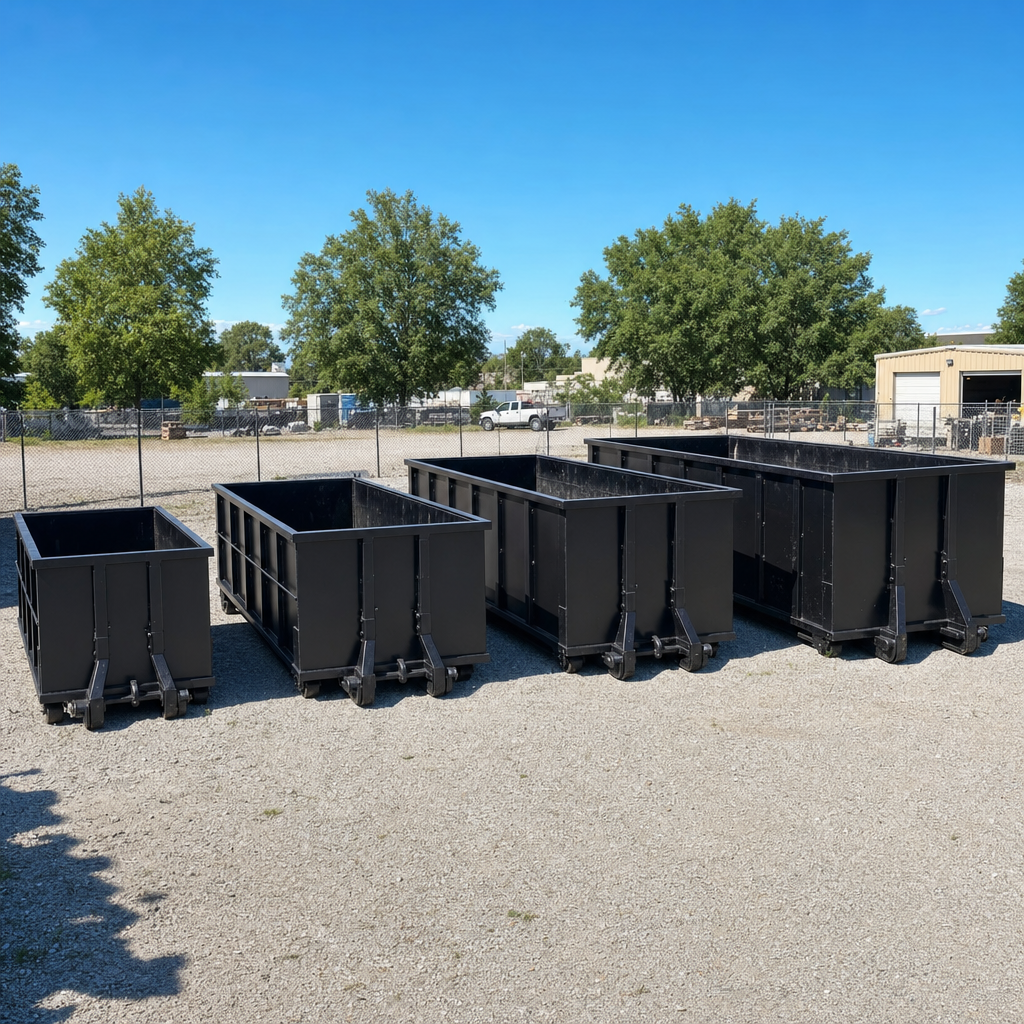 A clean lineup of matte-black roll-off dumpsters in 10, 20, 30, and 40-yard sizes staged on a sunlit gravel yard in Eagle, showing the size progression from compact to commercial-scale containers.