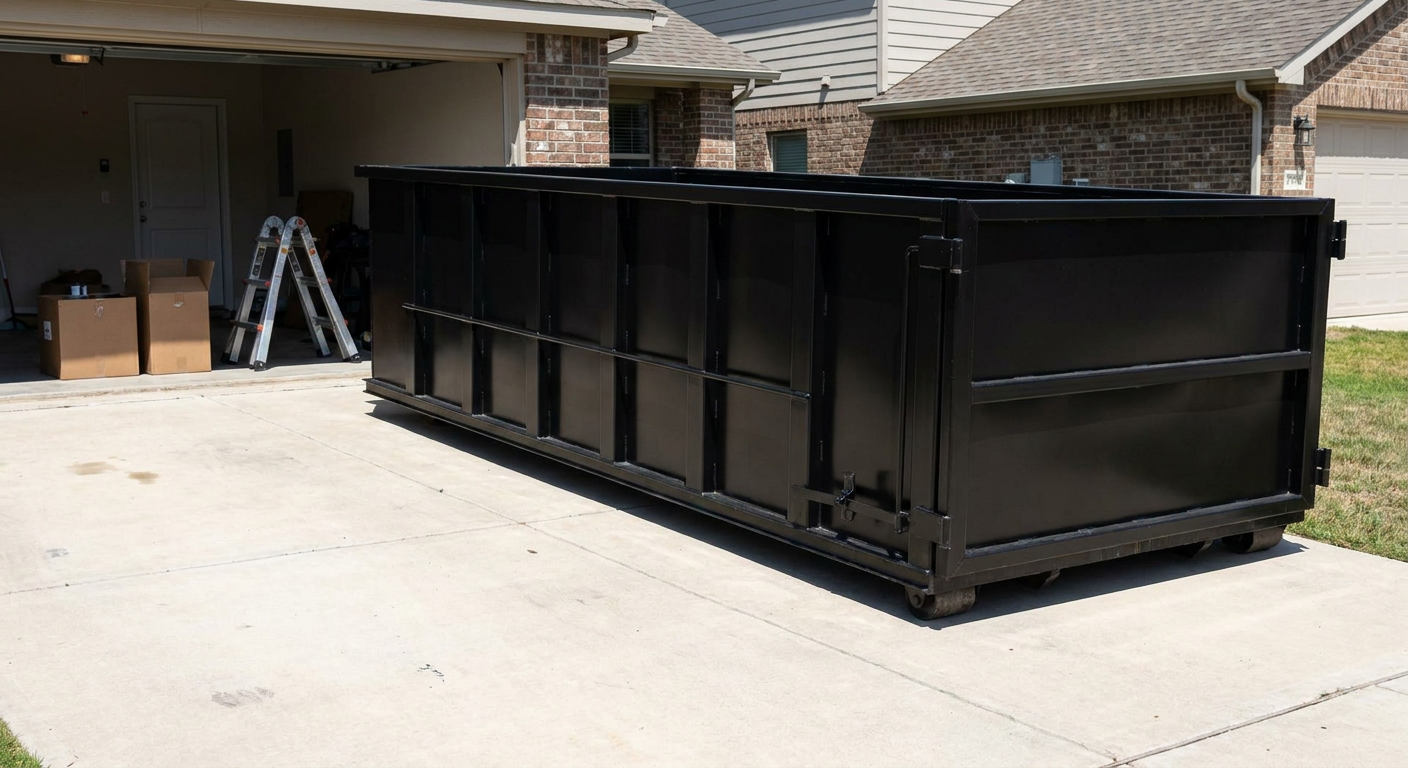 A matte-black 10-yard roll-off dumpster sitting directly on a residential Eagle concrete driveway, mid-day sunlight, clean and ready for a garage cleanout.
