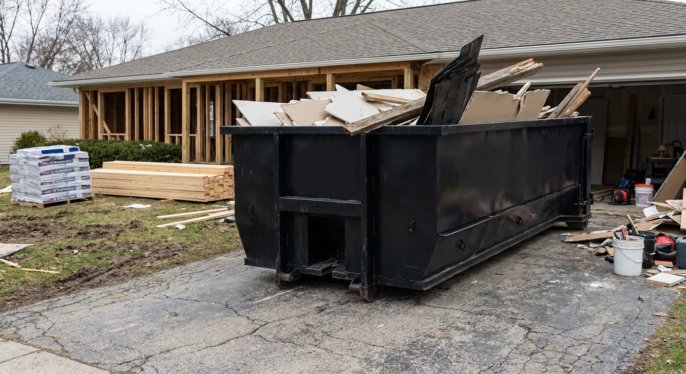A matte-black 20-yard roll-off dumpster placed alongside a mid-renovation Eagle home directly on the asphalt driveway, with framing materials and torn-off shingles staged neatly nearby.