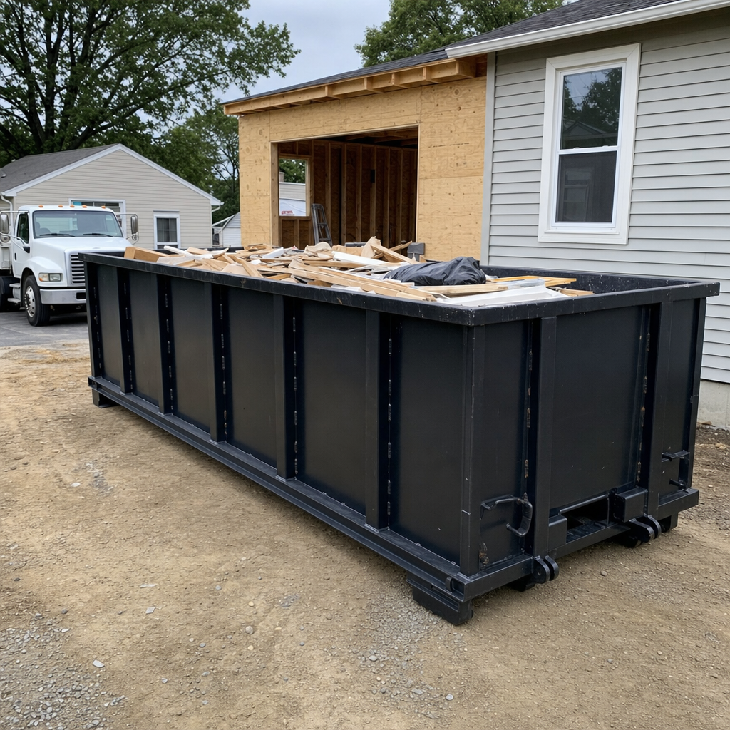 A matte-black 30-yard roll-off dumpster positioned at a Eagle residential addition jobsite, with framing lumber and drywall scraps loaded through the open swinging rear doors.