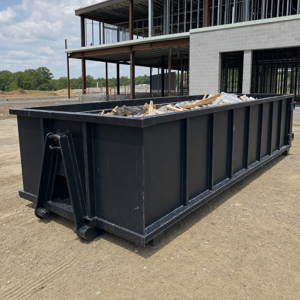 A matte-black 40-yard roll-off dumpster staged on a large Eagle commercial construction lot, with a hooklift delivery truck parked alongside under bright midday sky.