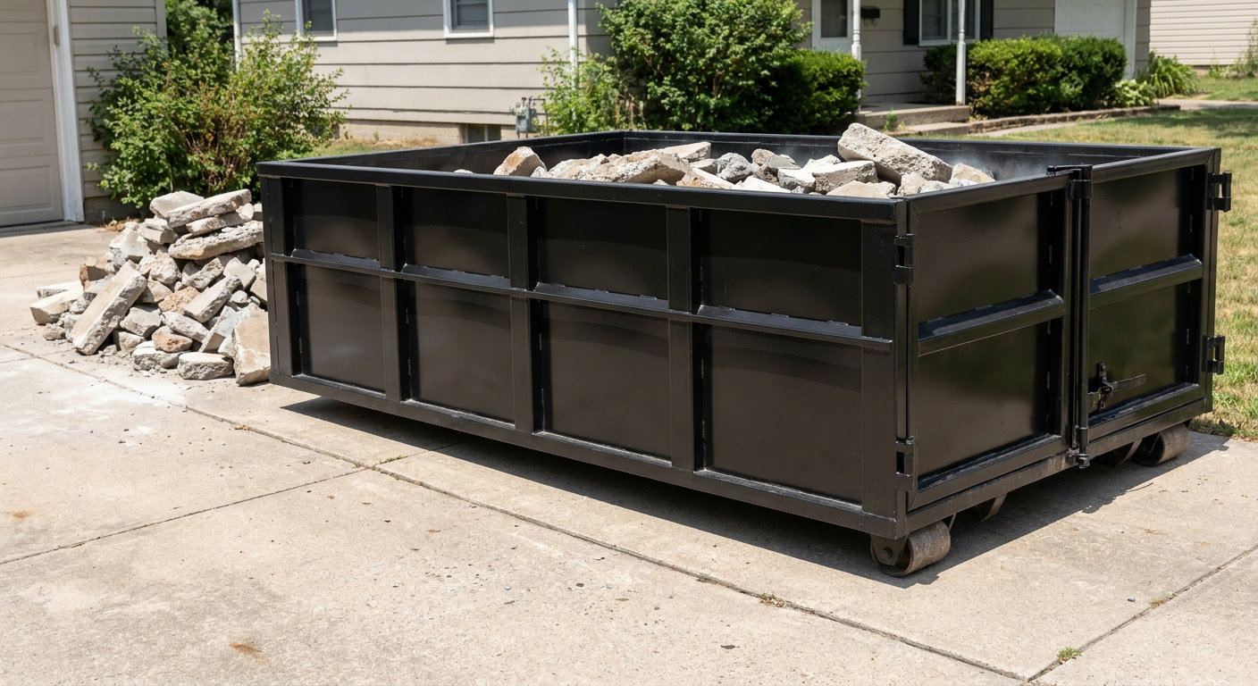 A matte-black low-side heavy-debris roll-off dumpster placed directly on a Eagle concrete driveway, with broken concrete chunks neatly stacked beside it under clean daylight.